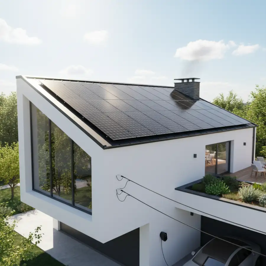 Architect's blueprint for solar installation, with calculator and financial documents.