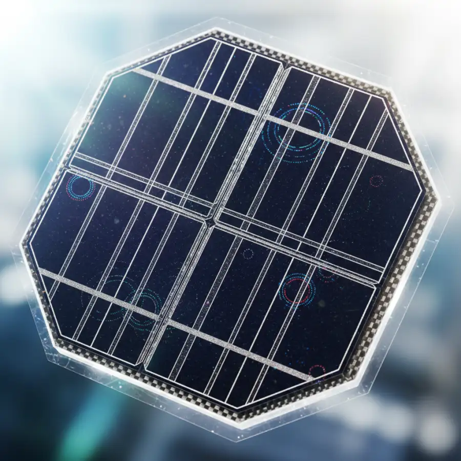 A close-up of a high-efficiency monocrystalline solar panel glistening under the sun, emphasizing advanced solar technology.