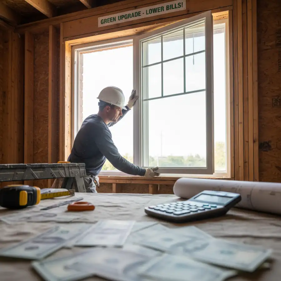 Professional installers replacing an old window with a new, energy-efficient model in a rental building.
