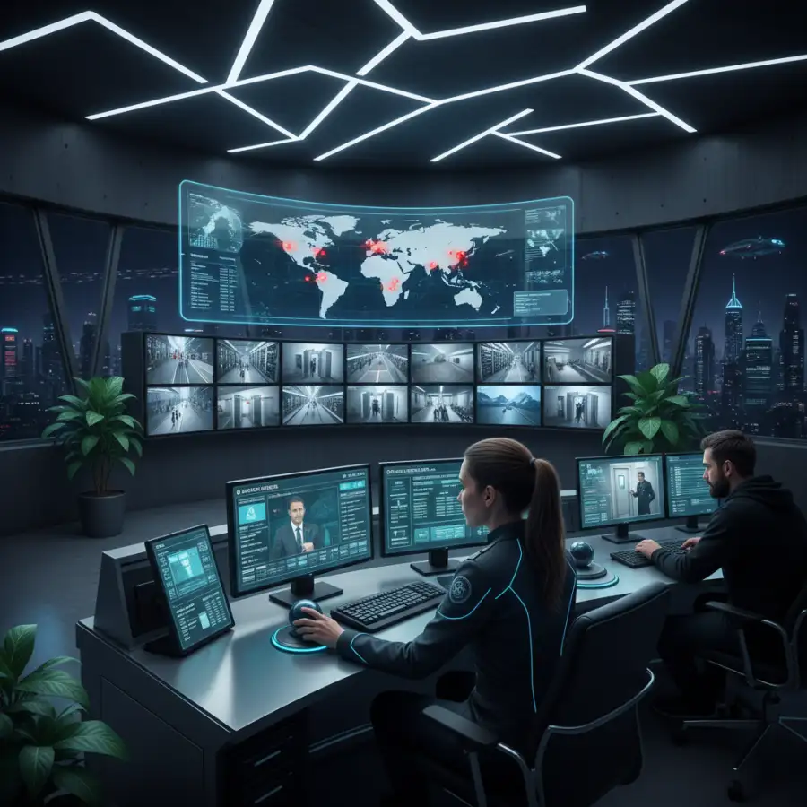 A building blueprint illustrates an integrated security system with access control and cameras.