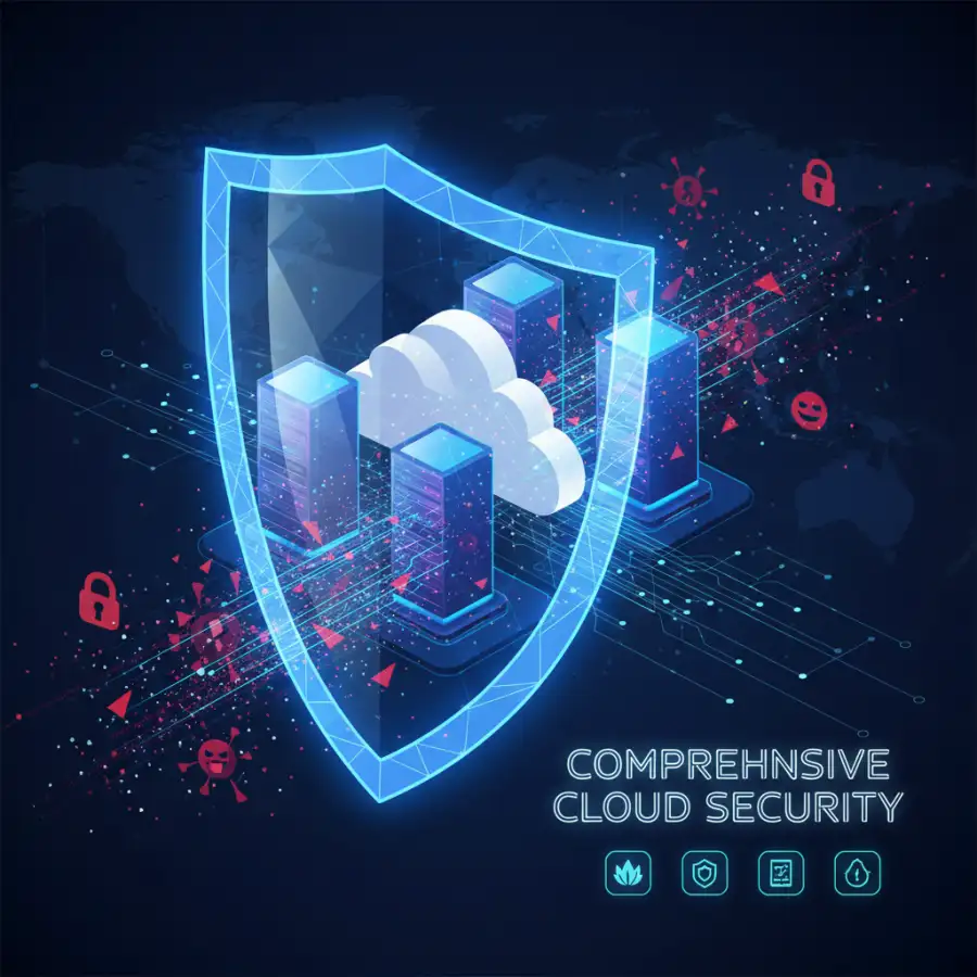 A cybersecurity dashboard displaying real-time threat intelligence and compliance metrics for a multi-cloud infrastructure, with logos of AWS and Google Cloud.