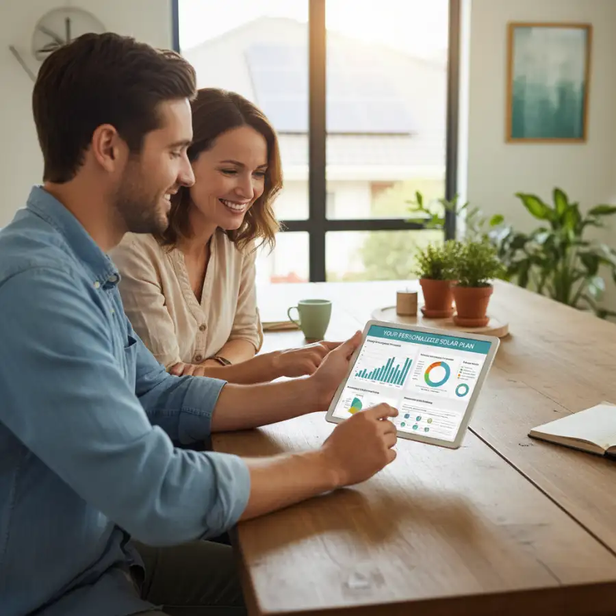 Homeowner and consultant review solar designs, planning a full-service installation.