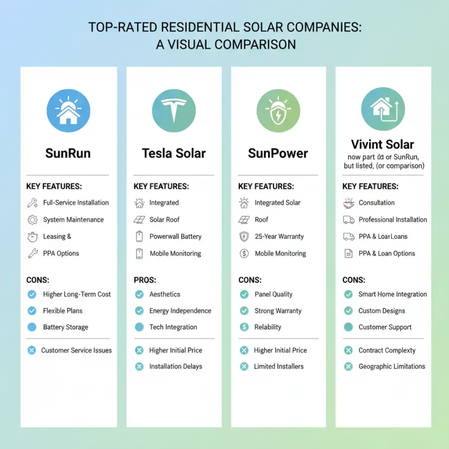 Infographic comparing solar company features: design, installation, support, warranties, financing.