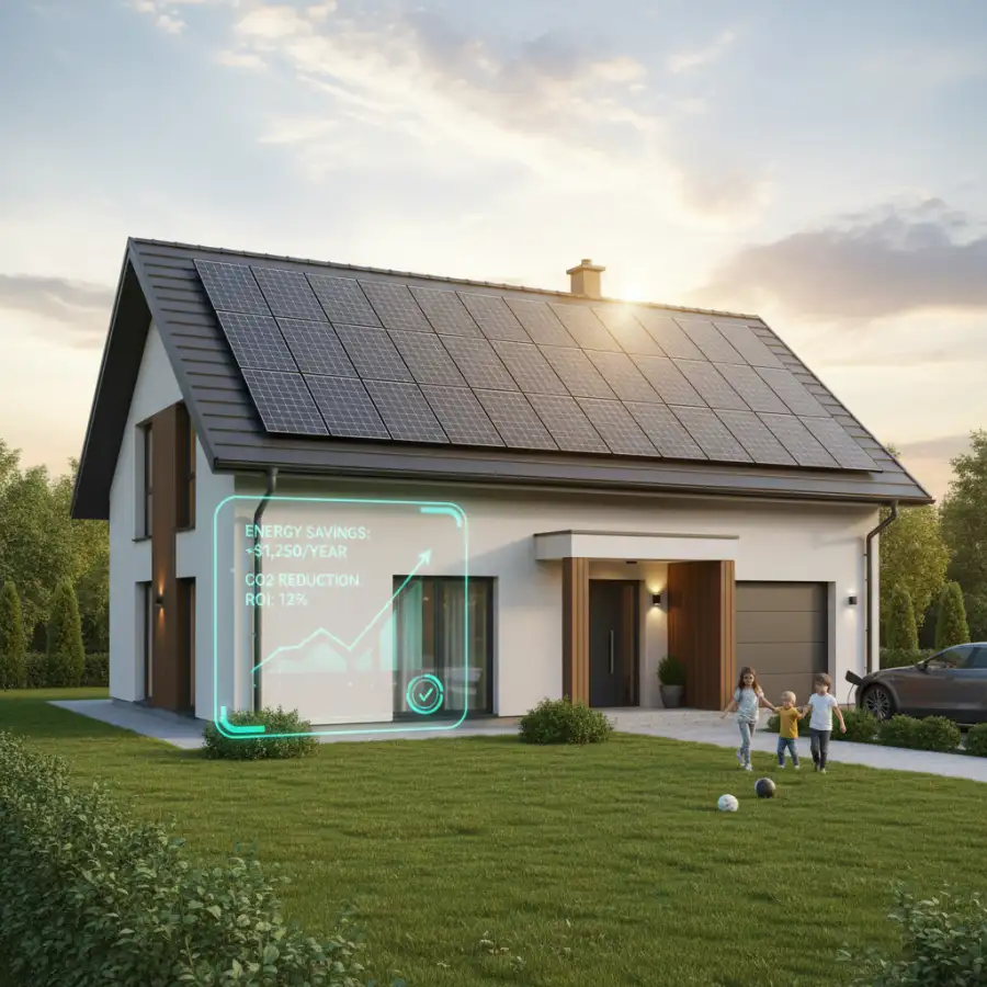Infographic detailing solar panel costs: gross, net, federal tax credit, and system sizes for typical homes.