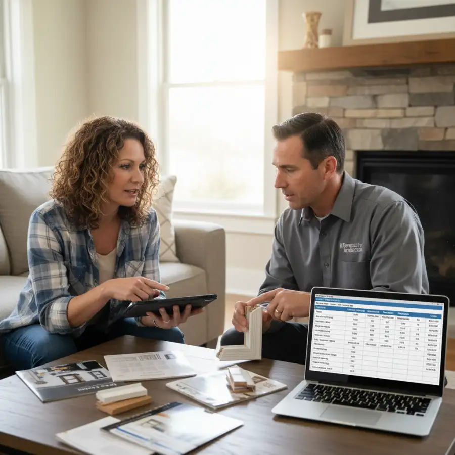 Homeowner reviewing a detailed window replacement quote with a contractor, emphasizing clear communication and informed decision-making.