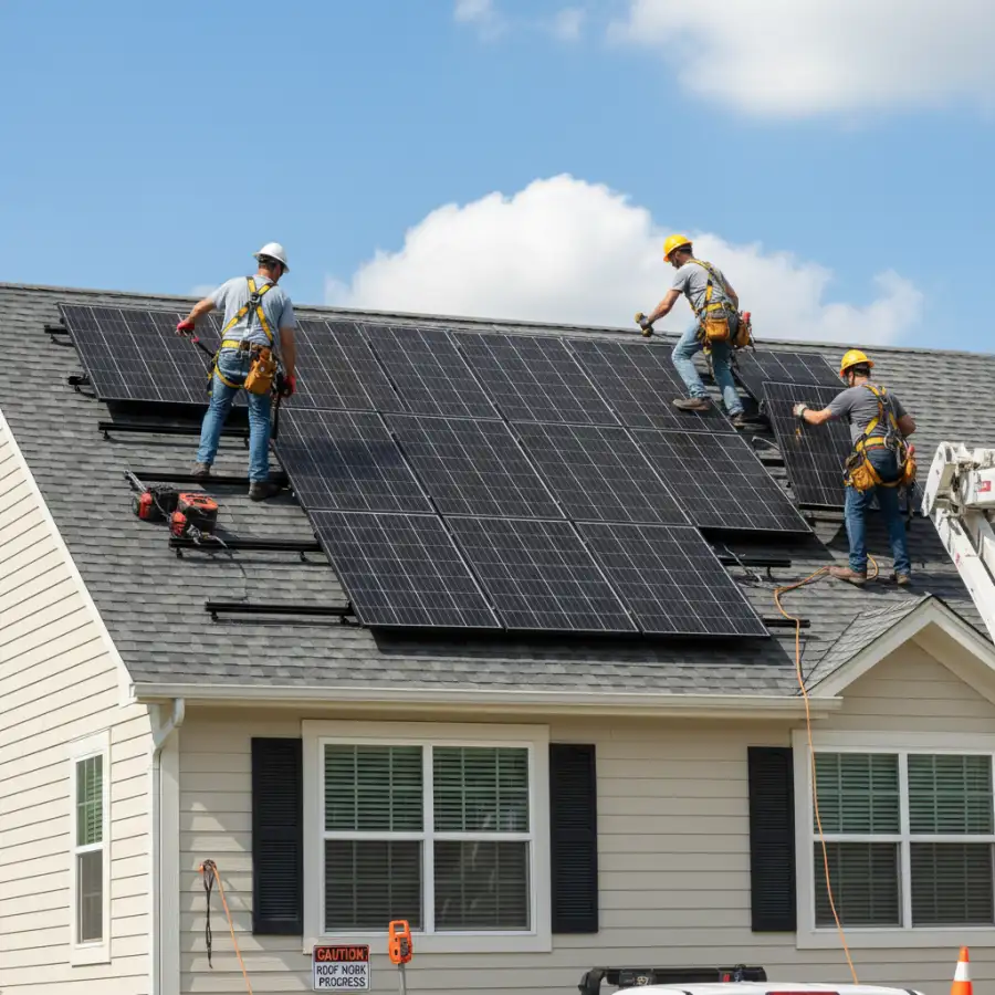 Homeowner monitors solar panel energy on a tablet, with a smart meter, emphasizing system monitoring.