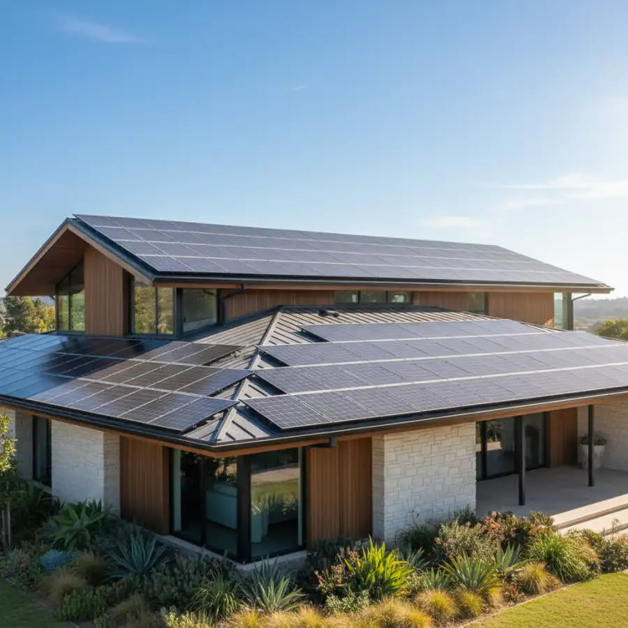Solar array seamlessly integrated into a spacious modern home's roof, showcasing successful large-scale installation.