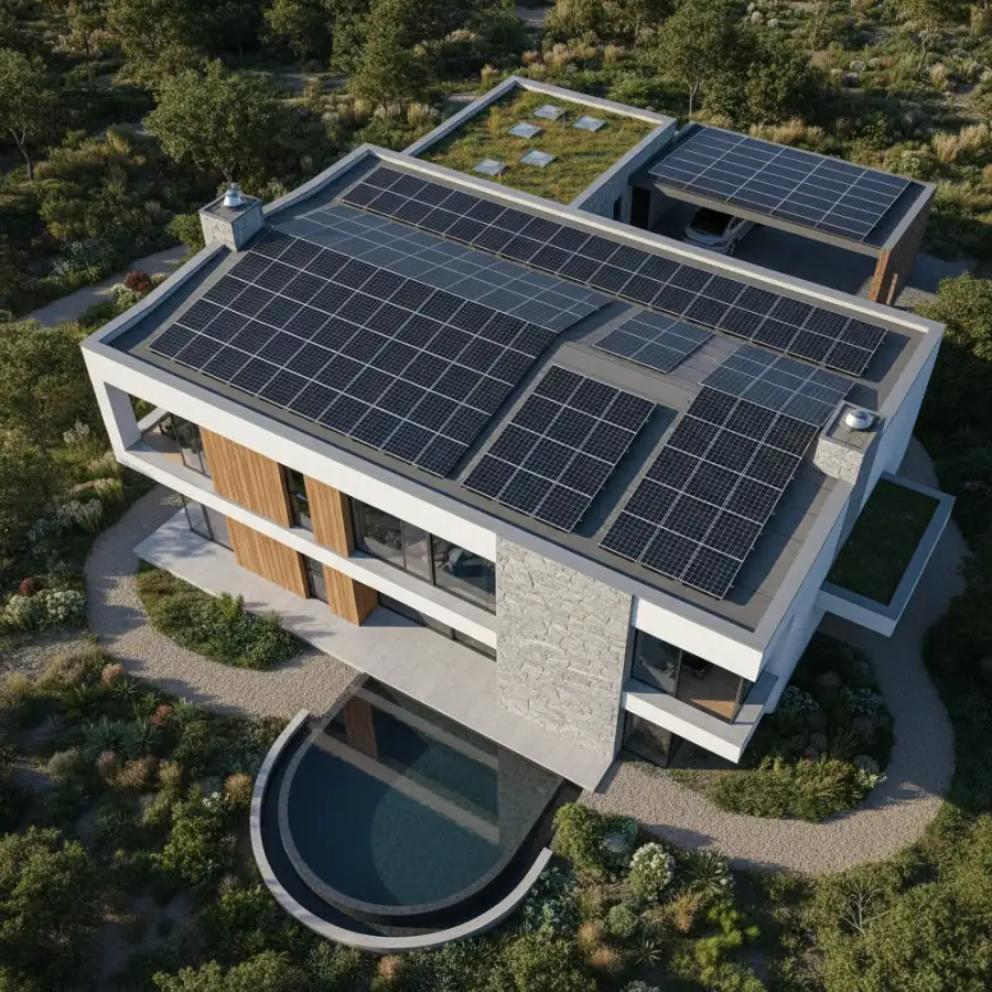 Family viewing solar data on a tablet, with panels visible, showing informed solar investment.