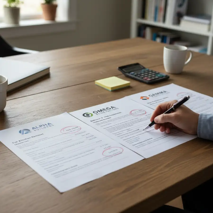 Homeowner meticulously comparing several window replacement quotes to make an informed decision.