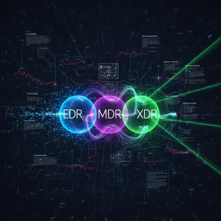 Cybersecurity analyst monitoring screens, showing EDR, XDR, MDR management and data correlation.
