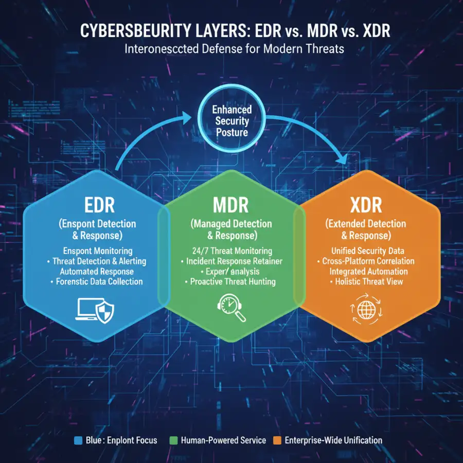 Puzzle pieces of EDR, XDR, and MDR integrating into a holistic security strategy.