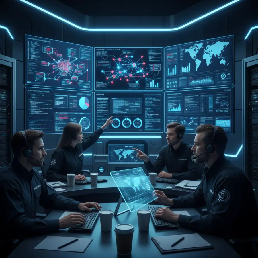 A team of cybersecurity professionals collaborating around a digital dashboard, symbolizing comprehensive enterprise security management.