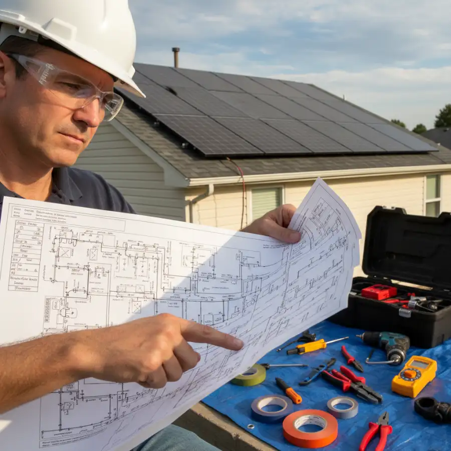 A homeowner on a ladder attempting a DIY solar panel installation, highlighting safety risks and complexity.