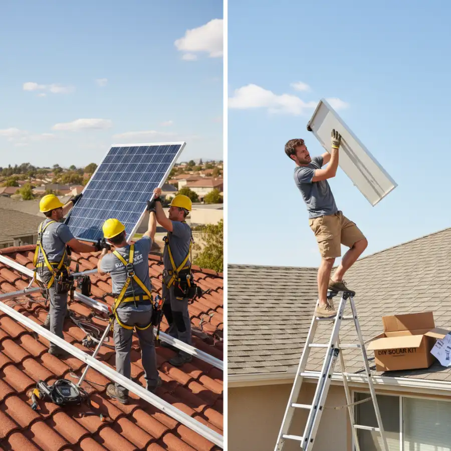 A professional solar installer meticulously securing a solar panel on a rooftop, emphasizing precision and expertise.