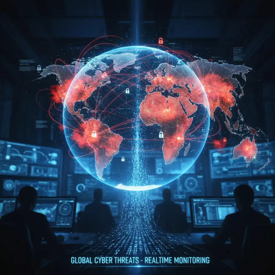 A cybersecurity team analyzing a complex threat intelligence dashboard, symbolizing proactive defense against future cyber threats.