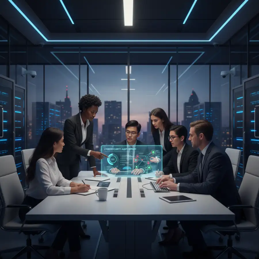 Team collaborating on a cybersecurity strategy, depicting data flow and protection
