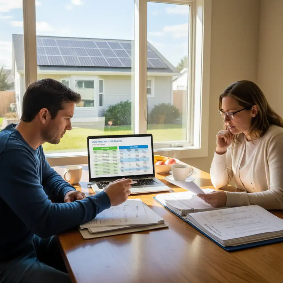 A homeowner observes solar panels, overlaid with graphics showing reduced bills, tax credits, and increased home value, depicting long-term benefits of solar ownership.