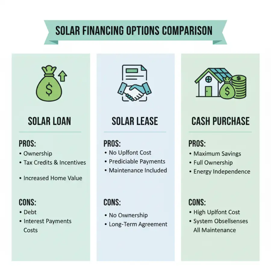 A visual illustrates a homeowner evaluating solar financing options: loans, leases, and cash, with icons representing tax benefits, monthly payments, and total ownership costs.