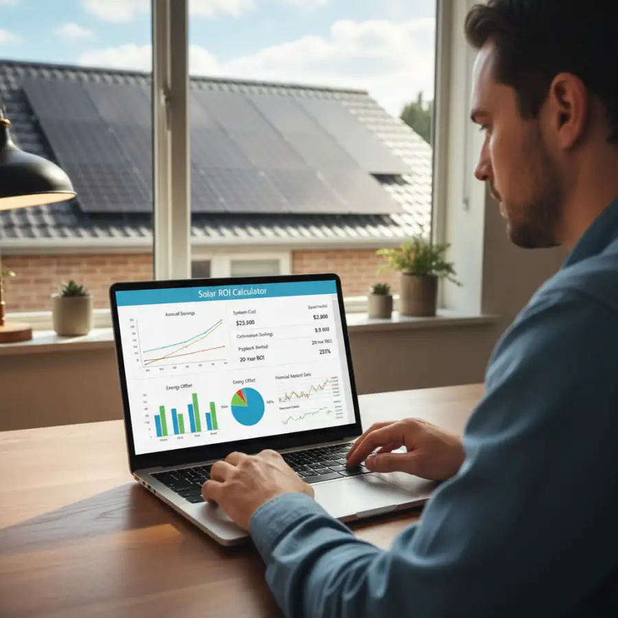 Homeowner views rooftop solar panels; thought bubble shows tax credits, bills, and investment risks.