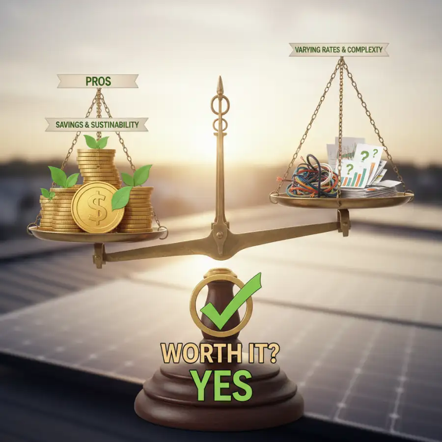 An infographic contrasting favorable 1:1 net metering with less favorable net metering policies (e.g., wholesale rate), showing different financial outcomes for solar homeowners.