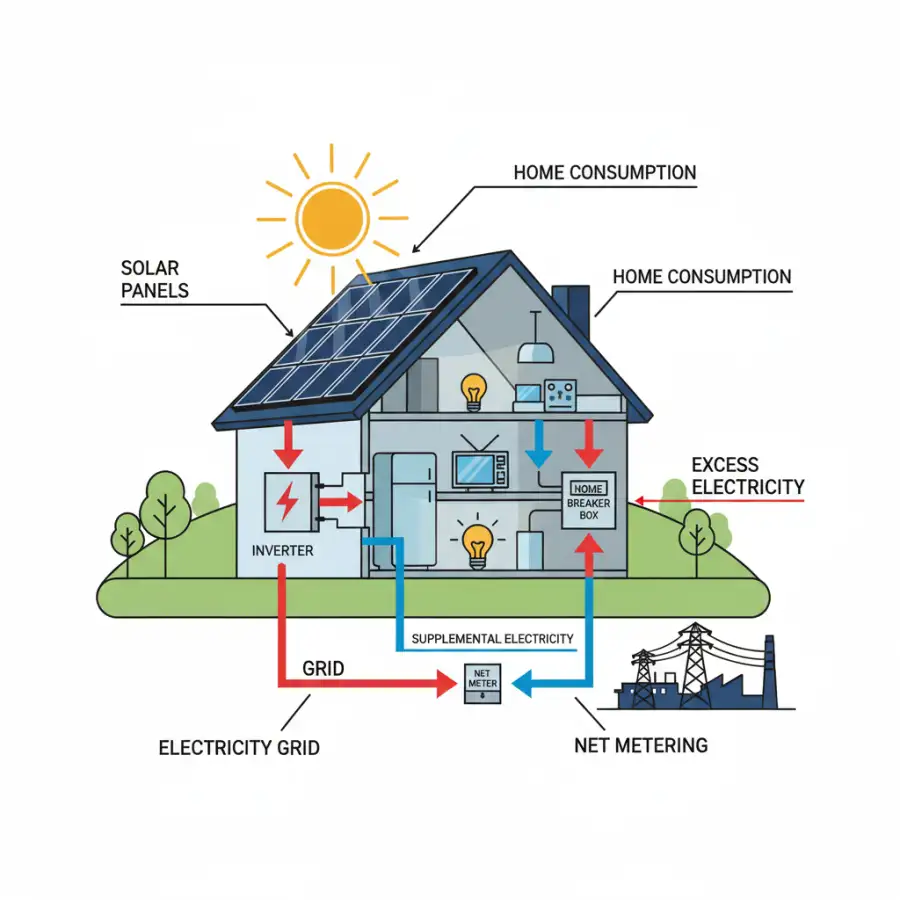 A homeowner looking thoughtfully at a tablet displaying complex energy data and net metering policies, with solar panels on the roof in the background, symbolizing informed decision-making.