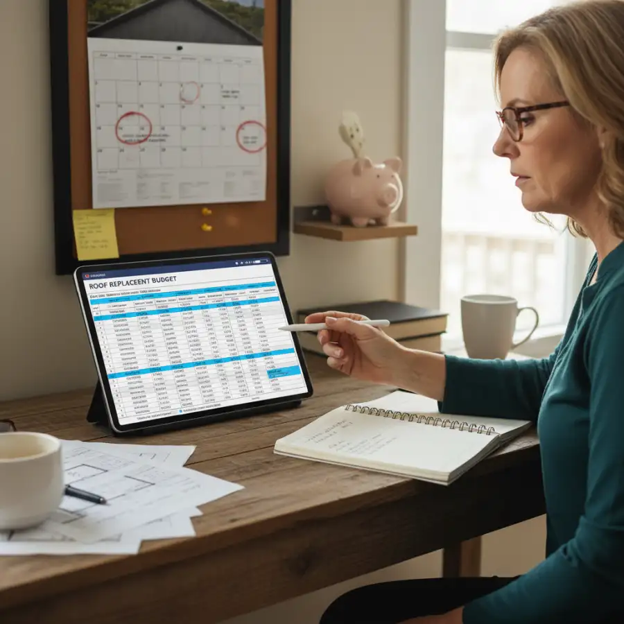 Aerial view of a residential roof showing damaged sections, aiding decisions for repair vs. replacement.