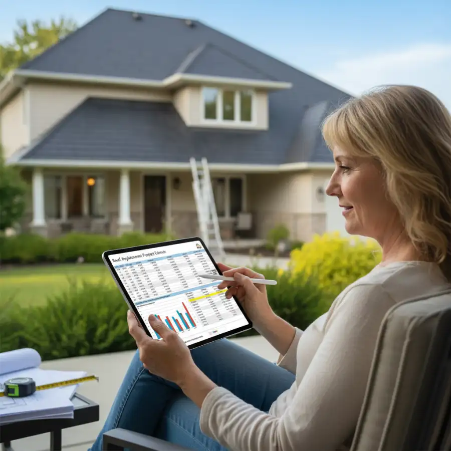 Samples of asphalt, metal, and tile roofing materials with cost notes, for budget planning.