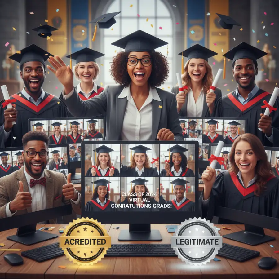 Student typing on laptop, with books and a certificate, showing online master's program achievement.