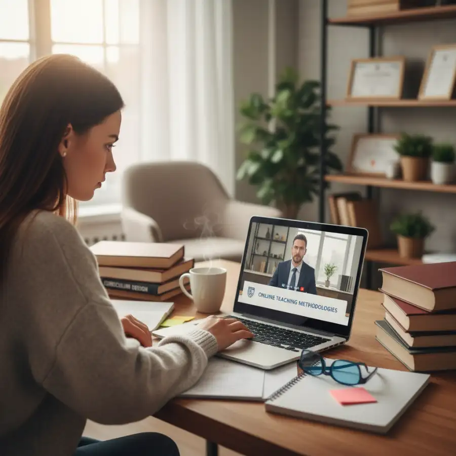 Student evaluating online teaching degree programs and accreditation options on a computer screen.