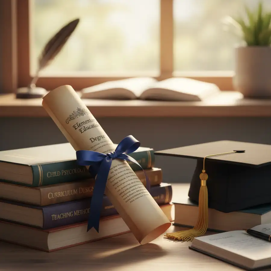 An aspiring teacher uses a laptop for educational content, surrounded by books on child development, representing dedicated study in an online bachelor's program.