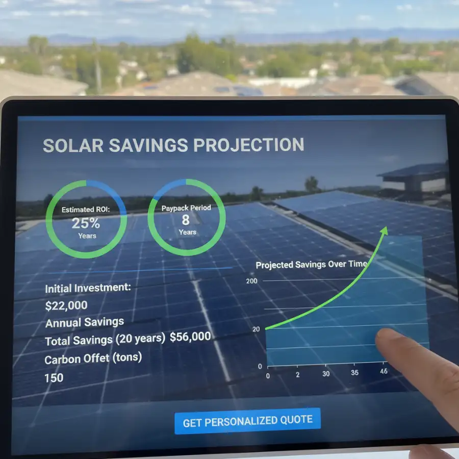 A hand completes solar financing paperwork, with a calculator and panel design, for investment.