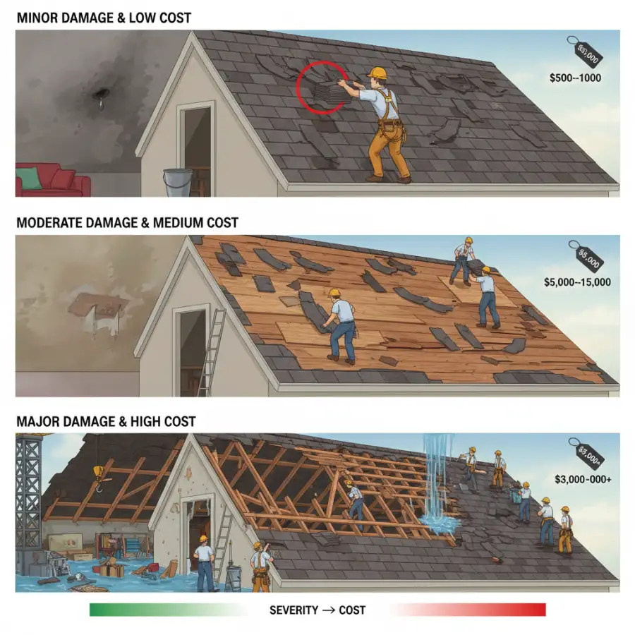 Roofing professionals inspecting a damaged roof section, emphasizing expert assessment for accurate quotes.