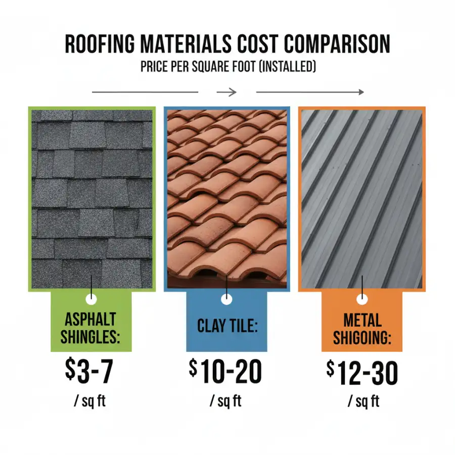 Close-up of different roofing materials like asphalt, metal, tile, demonstrating choices impacting repair costs.