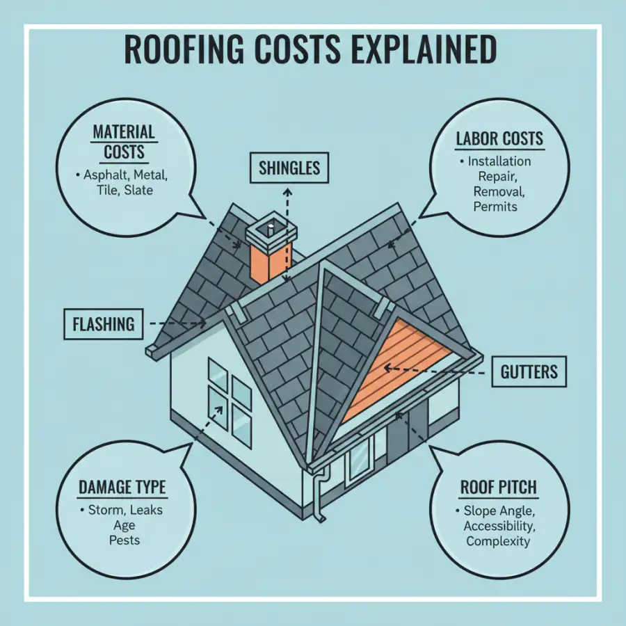 A detailed image showing different roofing material samples, such as asphalt, metal, and tile, displayed for selection, highlighting material cost impact.