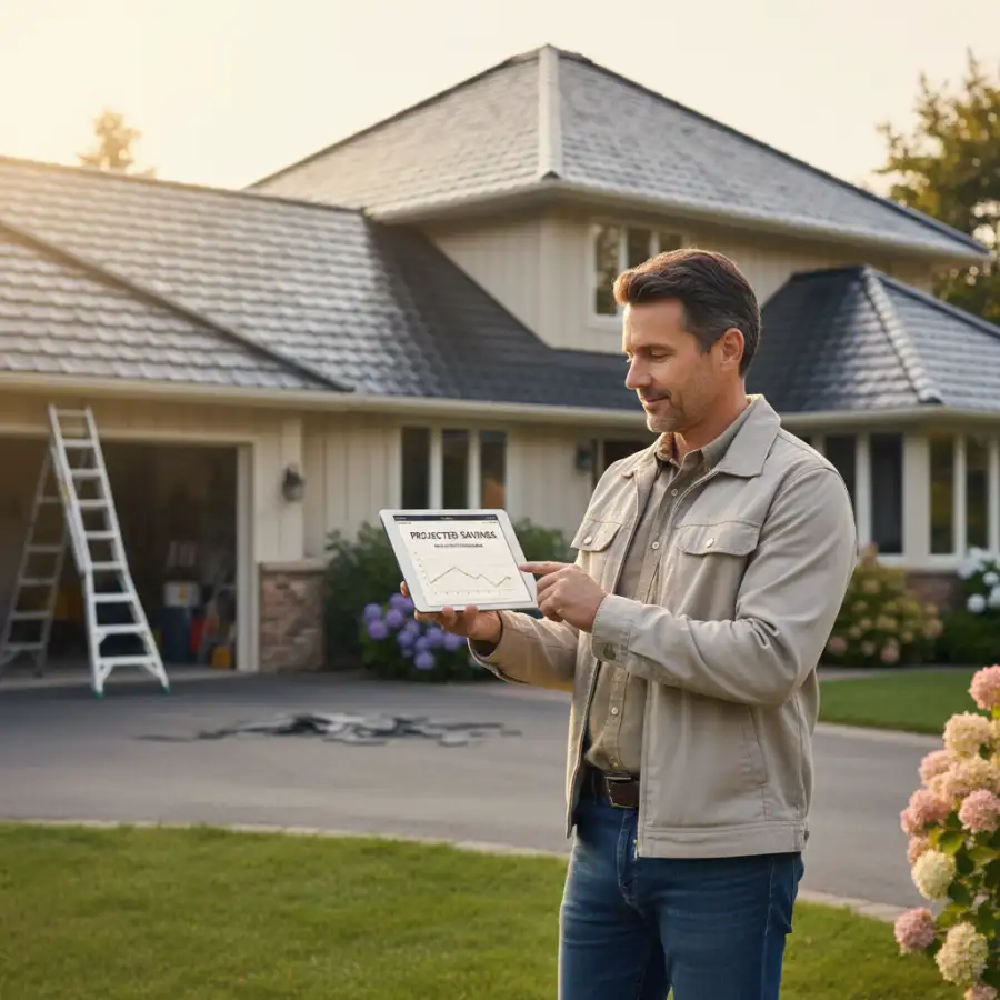 A contractor discussing a detailed roof replacement estimate with a homeowner, pointing out various line items and options.