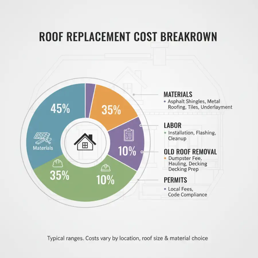 A roof replacement crew actively working on a residential roof, highlighting professional installation and adherence to safety standards.
