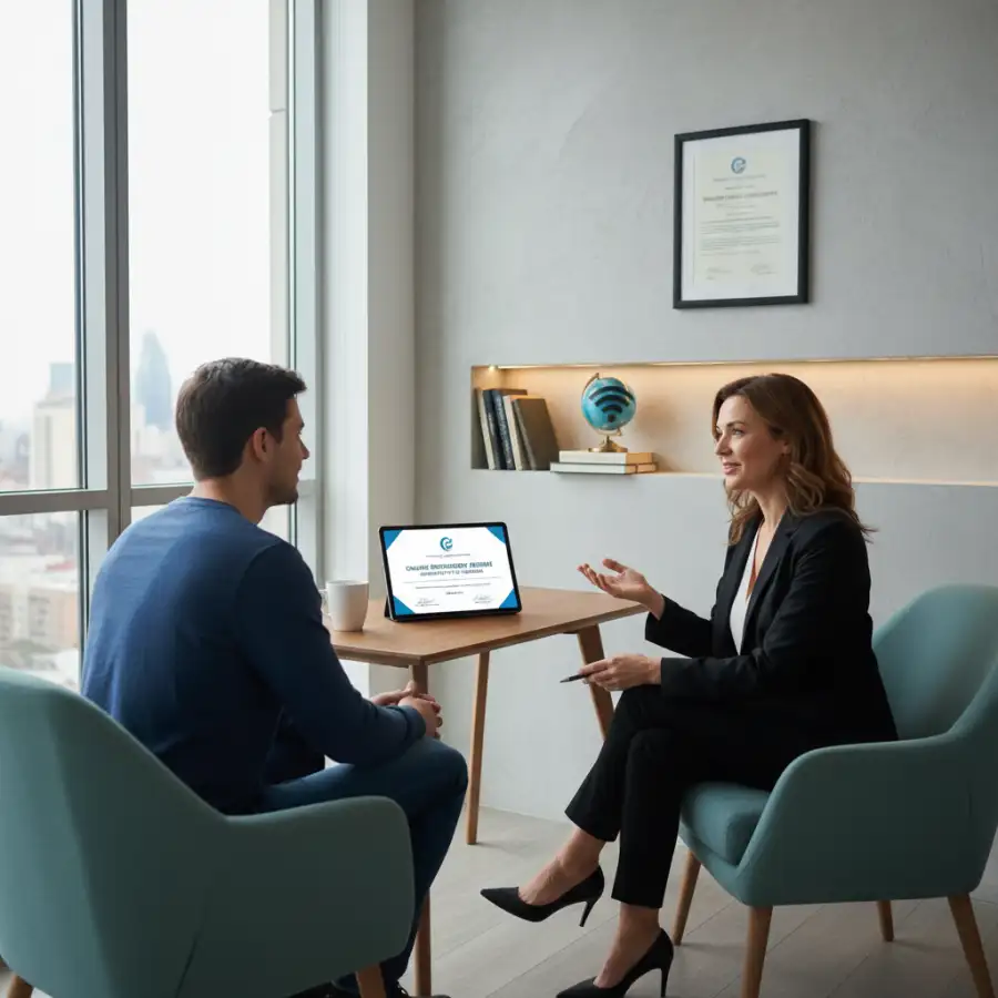 A therapist conducting a virtual counseling session on a laptop, symbolizing the professional application of an online psychology degree.