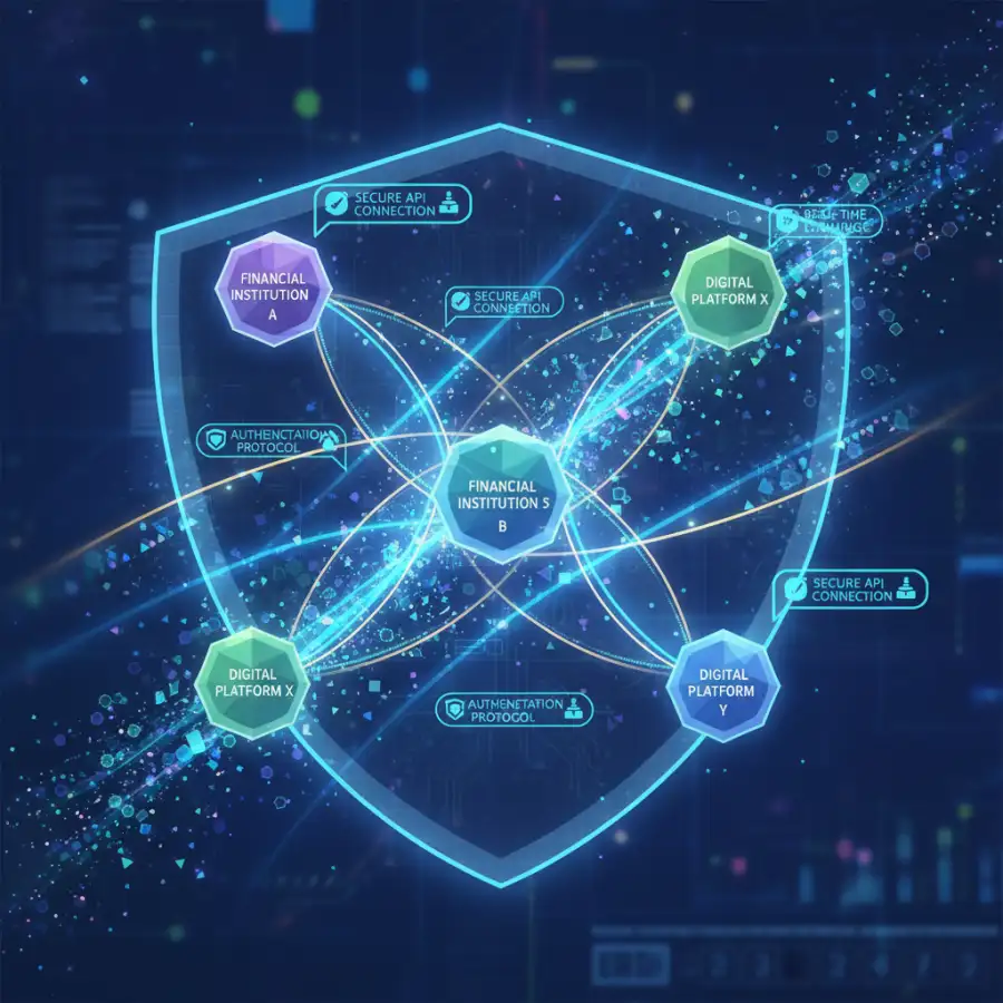 Conceptual image of financial apps and platforms seamlessly connected through abstract API symbols.