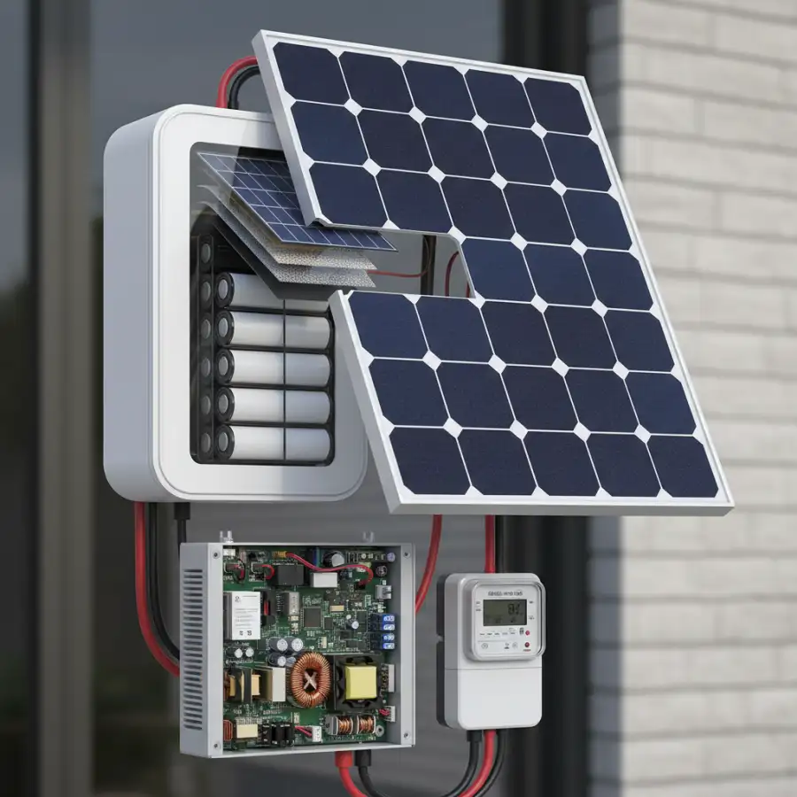 An illustrative diagram showcasing a residential solar panel system with battery storage, inverter, and smart home integration for energy management.