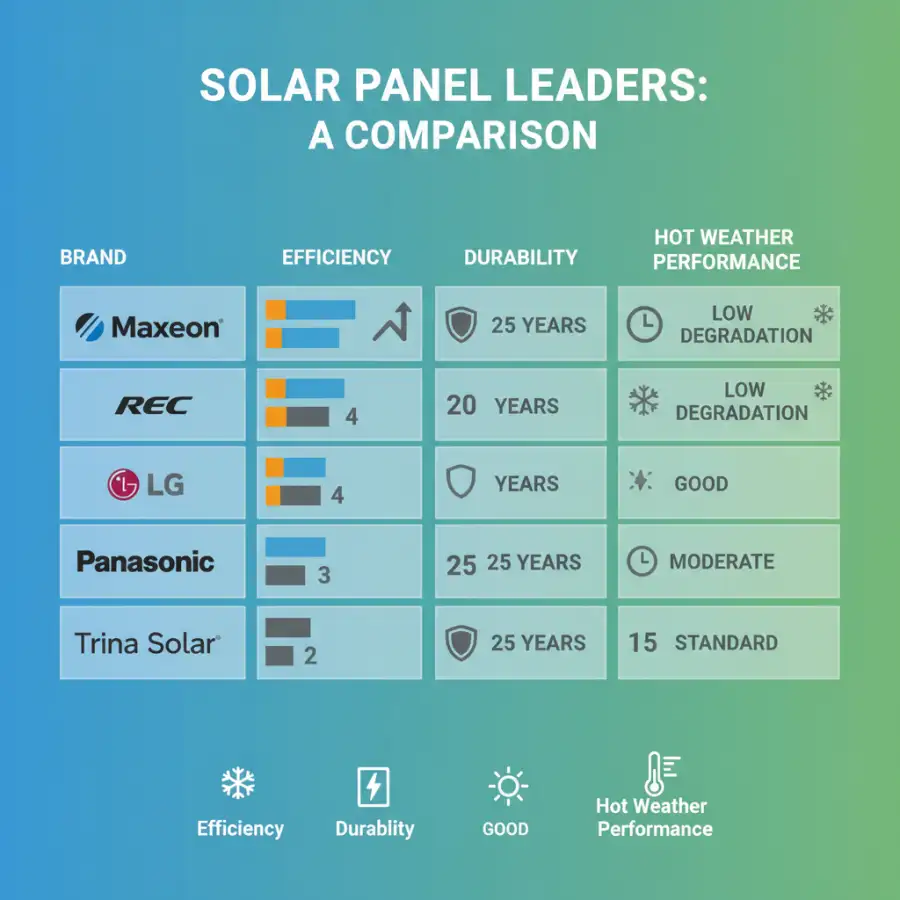 An infographic comparing the temperature coefficients and efficiency ratings of various leading solar panel brands.