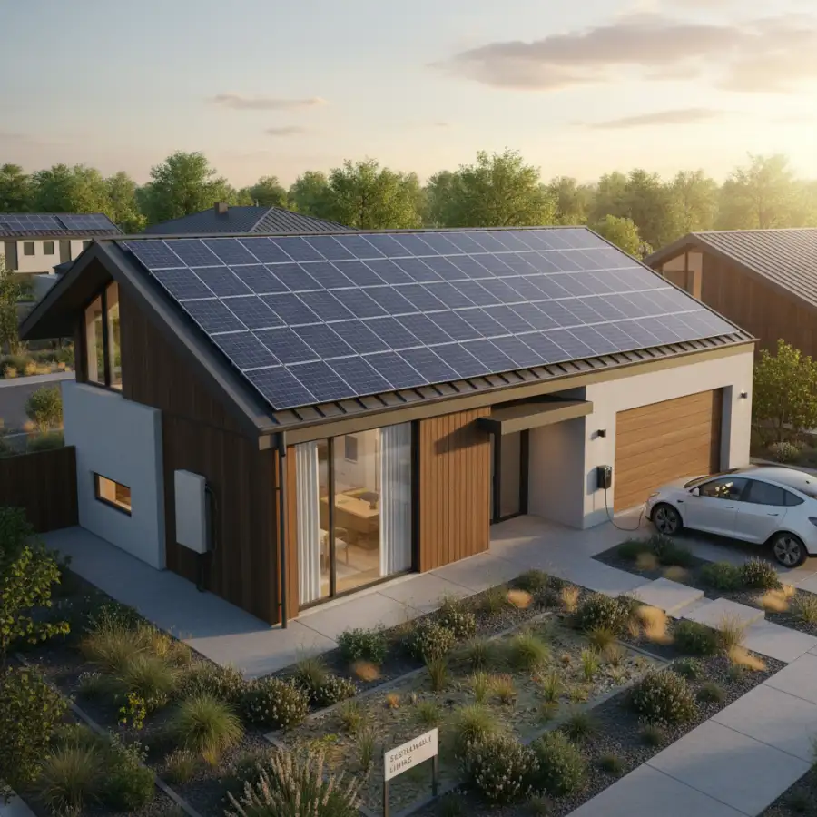 A family standing proudly in front of their solar-powered home, symbolizing energy independence and sustainable living.