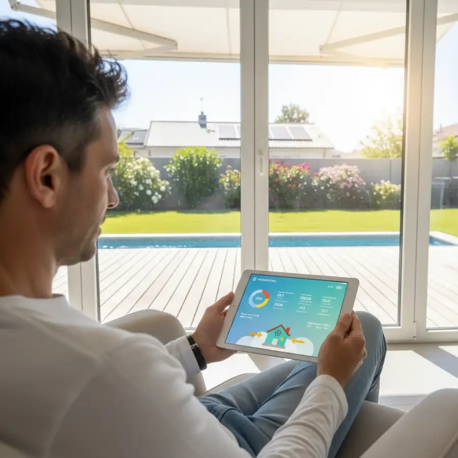 Family happily viewing tablet with solar energy metrics, symbolizing energy control.