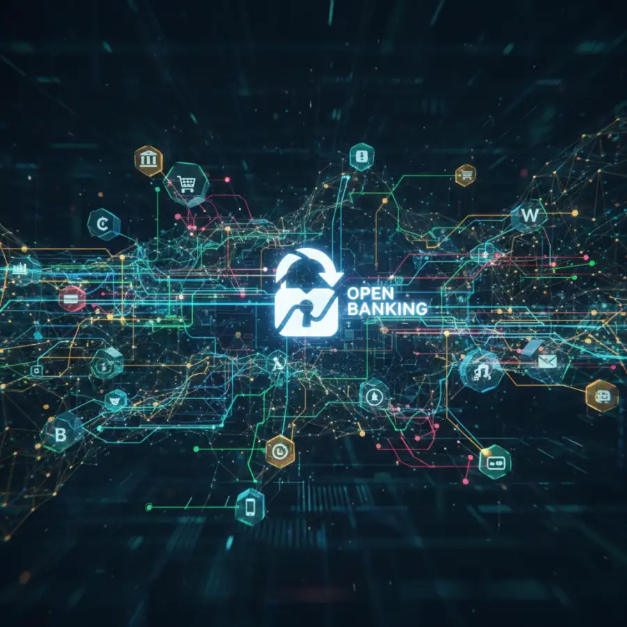 Digital representation of data flowing securely between banking systems and third-party financial applications, with a Mastercard logo subtly integrated.