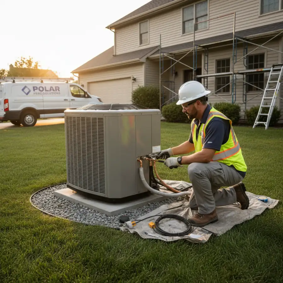 HVAC technician performing final checks on a new indoor unit while a homeowner observes