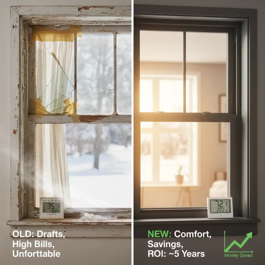 Modern, energy-efficient window close-up, highlighting features and home insulation contribution.