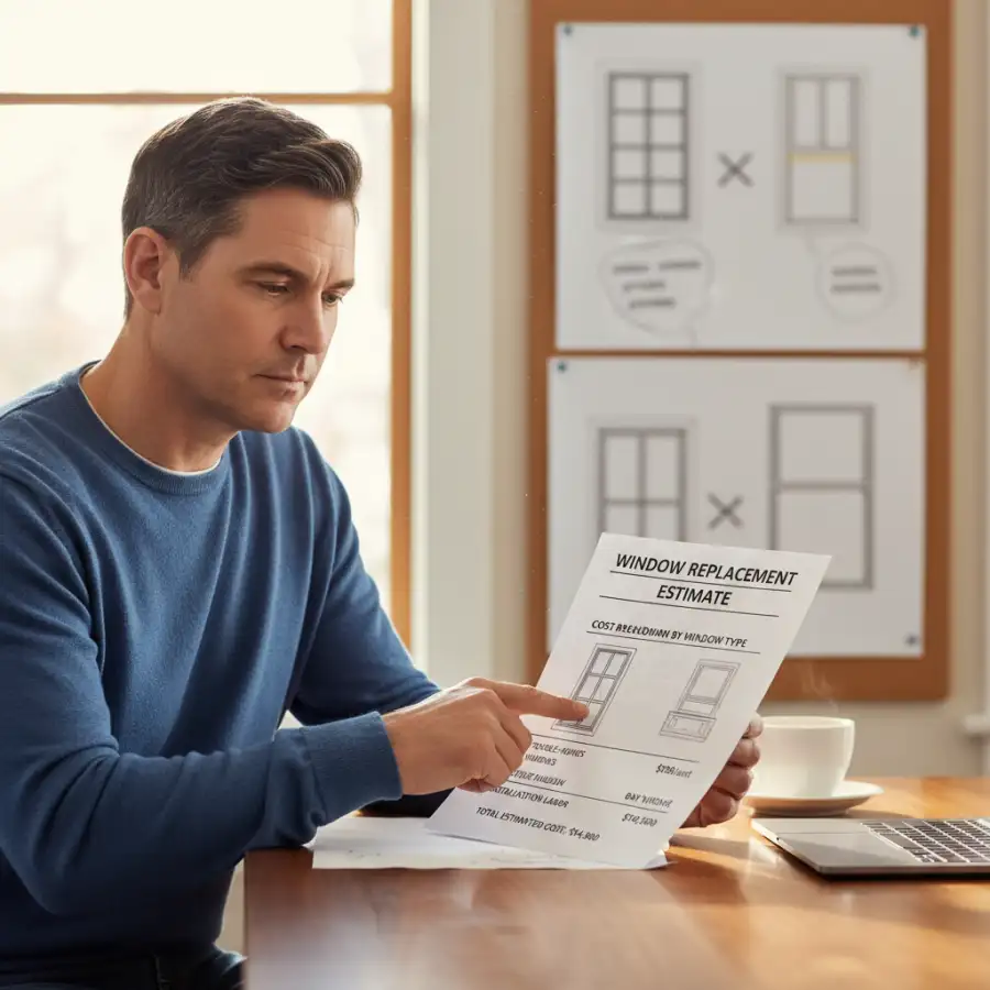 A detailed window estimate document with line items and costs highlighted, indicating careful financial review.