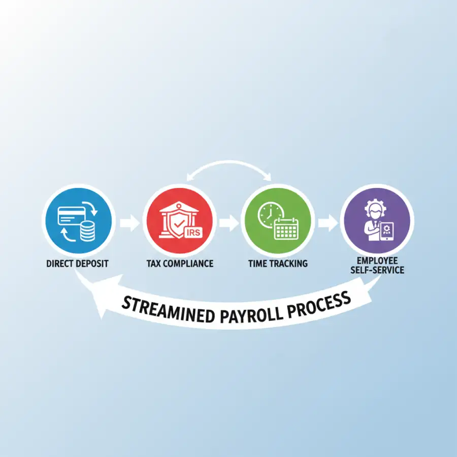 Payroll software dashboard showing employee details, pay periods, and tax information.