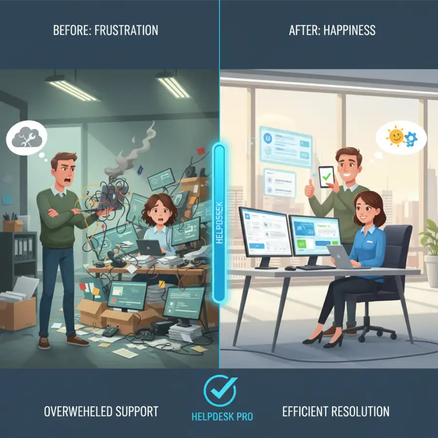 Infographic showing multi-channel support for SaaS ticketing systems: email, chat, phone, social media.