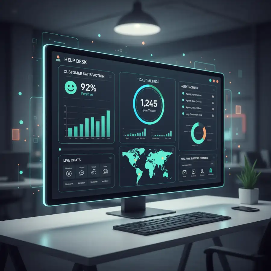 Customer service agents collaborating and communicating efficiently using SaaS helpdesk software, boosting teamwork.