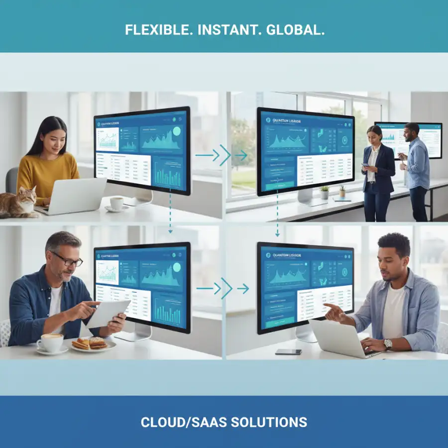 SaaS accounting dashboard screenshot shows real-time financial reports accessible on a laptop.